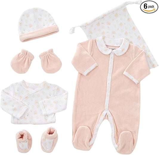Kit Naissance bébé - 6 Pièces (Pyjama, Body, Bonnet, Moufles, Chaussons et Pochon de Rangement) Cadeau Bébé Fille - Certifié OKEO-TEX - Motif Arc en Ciel - Rose