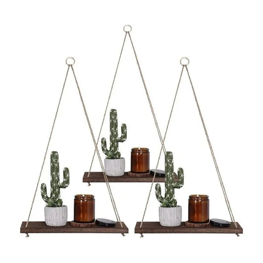 DJO Lot de 3 Etageres murales suspendues en bois rustique avec corde